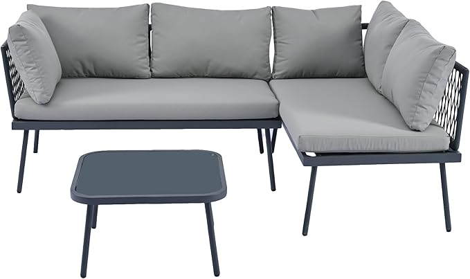 3-Piece Outdoor Furniture Set Rattan Sectional Sofa with Glass Table and Removable Cushions, All Weather PE Patio L-Shaped Couch Metal Frame, for Backyard, Poolside, Garden, Onesize, Gray
