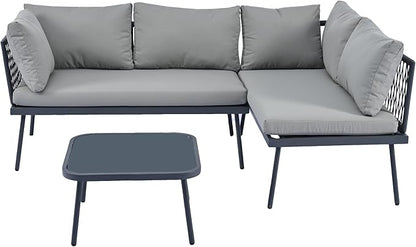 3-Piece Outdoor Furniture Set Rattan Sectional Sofa with Glass Table and Removable Cushions, All Weather PE Patio L-Shaped Couch Metal Frame, for Backyard, Poolside, Garden, Onesize, Gray