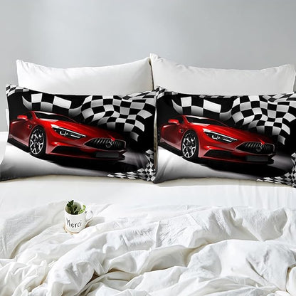 Erosebridal Race Car Bedding Set For Boys Queen Bed,Kids Teen Extreme Sports Car Comforter Set,Black White Checkered Grid Bed Comforter Set Retro Red Cool Vehicle Automobile Quilt Duvet 2 Pillow Cases
