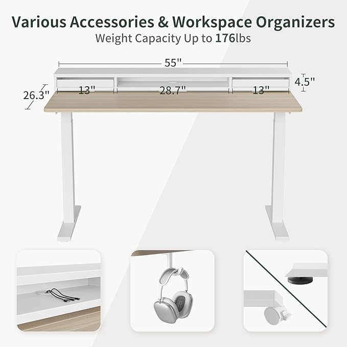 FEZIBO 55 × 26 Inch Electric Standing Desk with Monitor Stand, Height Adjustable Table with LED Strips, Ergonomic Home Office Desk with 2 Drawers Storage Gaming Workstation, Light Walnut