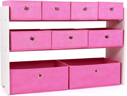Humble Crew Kids Toy Organizer with 9 Collapsible Fabric Storage, White Wood and Pink Bins