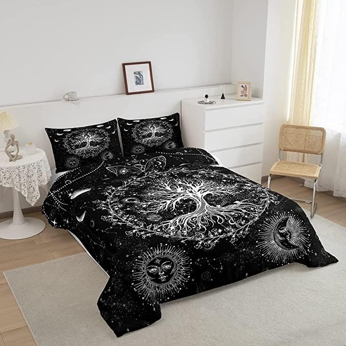 Feelyou Sun and Moon Comforter Bohemian Tree Butterfly Style Bedding Set Psychedelic Hippie Comforter Set for Boys Girls Children Teens Bedroom Decor Galaxy Astrology Duvet Set King Size
