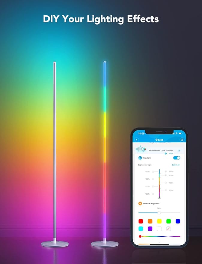 Govee RGBIC Floor Lamp, LED Corner Lamp Works with Alexa, Smart Modern Floor Lamp with Music Sync and 16 Million DIY Colors, Color Changing Standing Floor Lamp for Bedroom Living Room Silver
