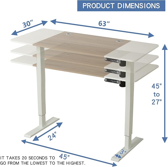 Adjustable Height Electric Standing Desk - 63 x 30 Inch Sit Stand Computer Desk with Splice Board, Stand Up Desk Table for Home Office, White Frame/White and Oak Top