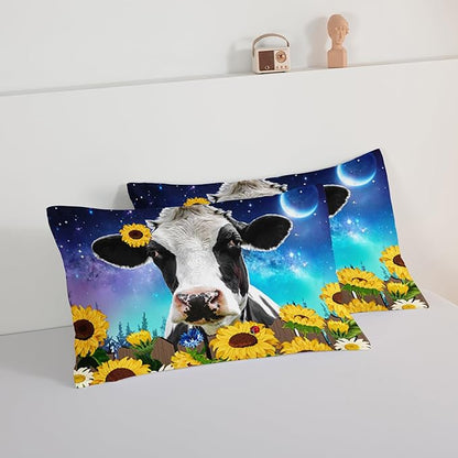 HOSIMA Cow Print Comforter with 2 Pillowcases,Farm Animal Theme Bedding Set Sunflower Twin Bed in a Bag Sets for Adults Teens Kids,Farm Starry Sky Toddler Comforter Floral Bedding Set.