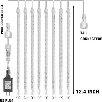 Dazzle Bright 288 LED Christmas Light, 11.8 Inch Meteor Shower Rain Lights with 8 Tubes，Waterproof Plug in Falling Rain Lights Christmas Decorations for Xmas Bushes Tree Yard Party, Blue and White