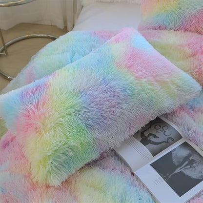 Faux Fur Kids Girls Rainbow Comforter Sets King - 3PC Bed Set Warm Comfortable Soft Plush Flannel Velvet Fluffy Fuzzy Bedding（Comforter x 1 Pillowcases x 2）