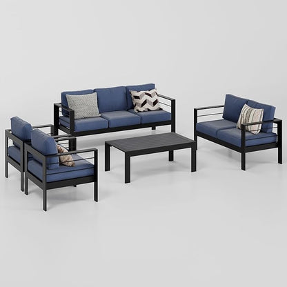 Wisteria Lane Aluminum Outdoor Patio Furniture Set, Modern Patio Conversation Sets, Outdoor Sectional Metal Sofa with 5 Inch Cushion and Coffee Table for Balcony, Garden, Black Frame and Blue Cushion