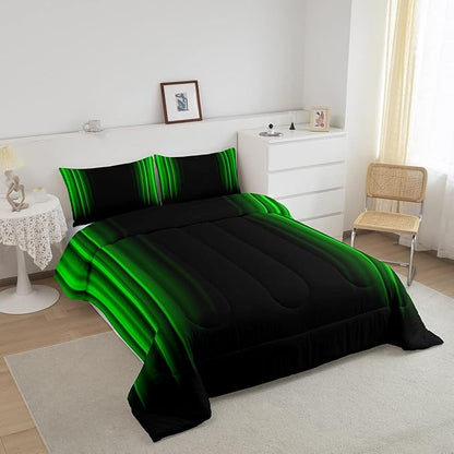 Geometric Abstract Ombre Bedding Bed Set Men Adults Teens Green and Black Striped Comforter Set Kids Boys Girls Simple Modern Comforter Inner Fill Bedroom Collection 3Pcs Full Size