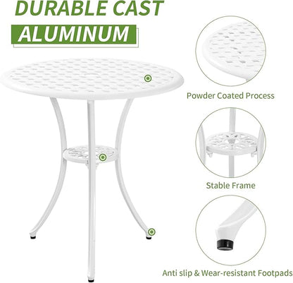 White Bistro Table and Chairs Set of 2, Cast Aluminum White Bistro Set Outdoor, Patio Bistro Sets with Umbrella Hole, Round Back Yard Set for Porch Balcony Garden