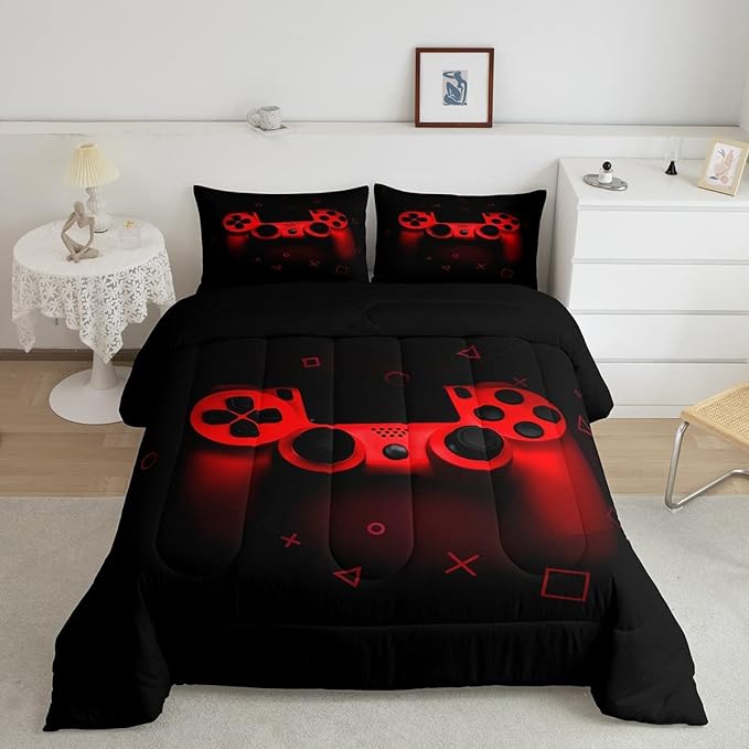 Boys Gamer Comforter Set King Size,Gamepad Bedding Set Kids Young Man Video Games Down Comforter for Teen Child Game Room Decor Black Red Classic Retro Gaming Quilted Duvet Set with Pillowcase