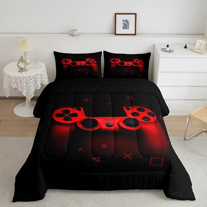 Boys Gamer Comforter Set King Size,Gamepad Bedding Set Kids Young Man Video Games Down Comforter for Teen Child Game Room Decor Black Red Classic Retro Gaming Quilted Duvet Set with Pillowcase