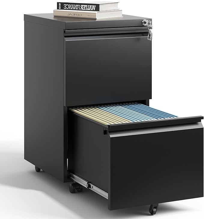 2 Drawer Mobile File Cabinet with Lock,Under Desk Metal Filing Cabinet for Home Office,Metal Small Rolling File Cabinet with 2 Keys for Legal/Letter/A4 Size Fully Assembled Except Wheels (Black)
