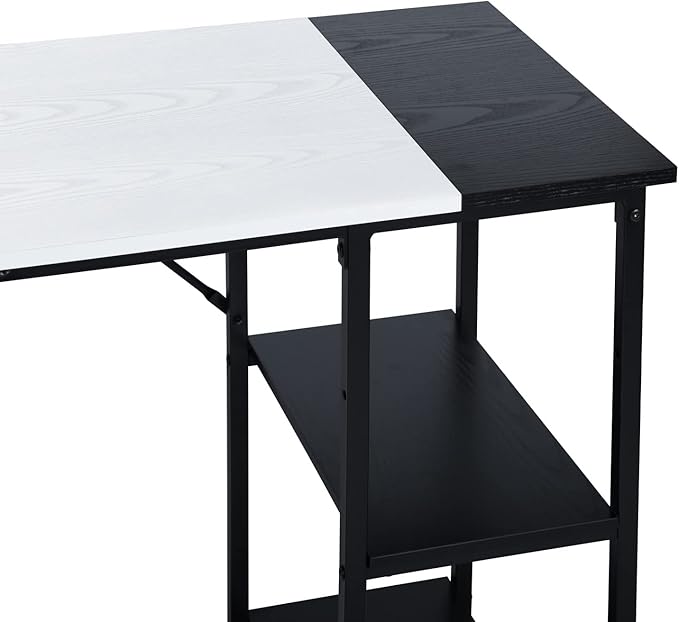 FurnitureR L-Shaped 58.3''Corner Computer Desk with Storage Shelf Long Gaming Desk for Home Office PC Workstation Saving Space Laptop Table (White and Black)