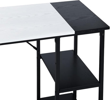 FurnitureR L-Shaped 58.3''Corner Computer Desk with Storage Shelf Long Gaming Desk for Home Office PC Workstation Saving Space Laptop Table (White and Black)