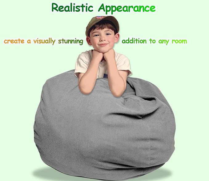 Premium Corduroy Stuffed Animal Storage Bean Bag Chair Cover (No Filler) for Organizing Plush Toys Or Textile Stuffable Bean Bag Sack for Adults Teens Children Lazy Chair Playroom Washable Cover
