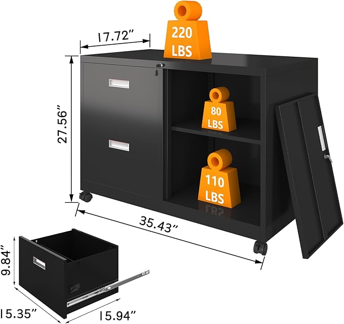 Metal File Cabinet Printer Stand with 2 lockable full extension drawers and 1 lockable door, adjustable shelf, for Home office and Study room Organizer Letters/Legal/A4,BLACK