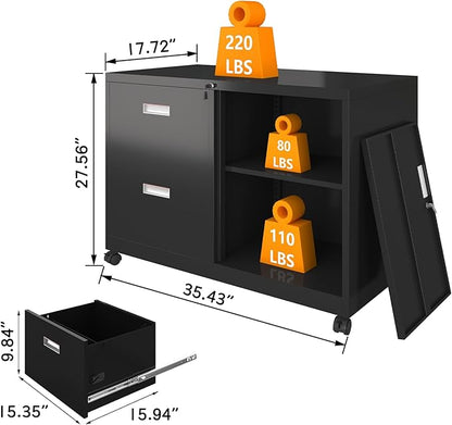Metal File Cabinet Printer Stand with 2 lockable full extension drawers and 1 lockable door, adjustable shelf, for Home office and Study room Organizer Letters/Legal/A4,BLACK