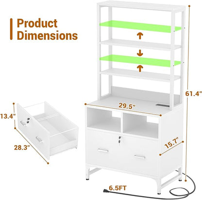 Homieasy File Cabinet with Charging Station, Vertical Filing Cabinet with Lock & Large Drawer, Printer Stand with Storage Shelves, Office Storage Cabinet fits Letter/A4/Legal Size, White