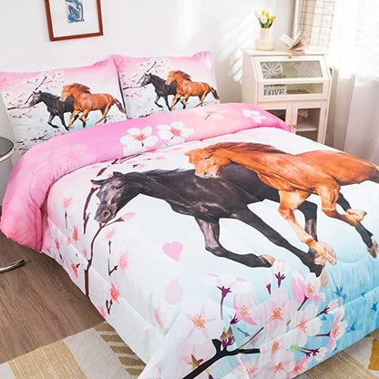 Feelyou Kids Horse Comforter Set for Girls King Size Chic Cherry Blossom Bedding Set for Horse Lover Gift Galloping Horse Printed Comforter 3D Wild Animal Duvet Set Bedroom Decor Quilt Set 3Pcs