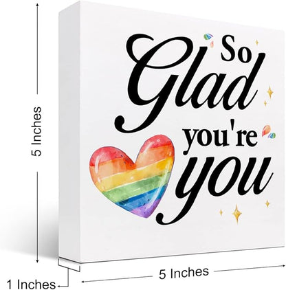 So Glad You're You Rainbow Heart Wood Box Sign Decor Desk Sign,Inspirational Affirmation Wooden Box Block Sign for Home Office Shelf Table Decor Decorations