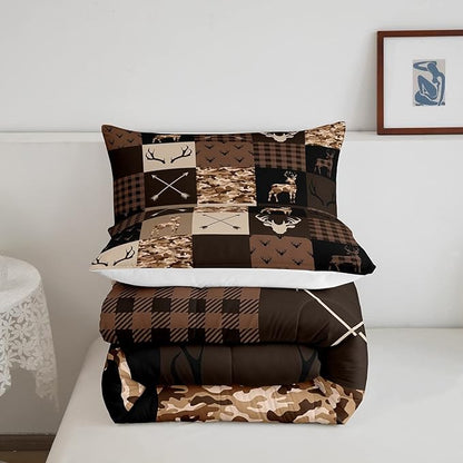 Camo Animal Kids Comforter Set Full Size,Deer Antlers Silhouette Bedding Set,Girls Boys Adults Bedroom/Xmas Decor,Checkered Geometric Down Comforter,Arrow Boho Retro Duvet Insert,3pcs,2 Pillowcases