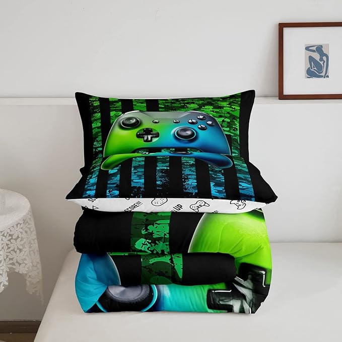 Gamer Comforter Set Queen Kids Boys Teens Usa Flag Stars Down Comforter Gaming Comforter Gamer Room Decor Camo Video Game Bedding Set, Gamepad Console Duvet, Youth Young Man Quilt, Grunge Style