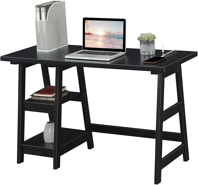 Convenience Concepts Designs2Go Trestle Desk with Charging Station and Shelves, Black