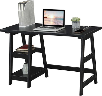 Convenience Concepts Designs2Go Trestle Desk with Charging Station and Shelves, Black
