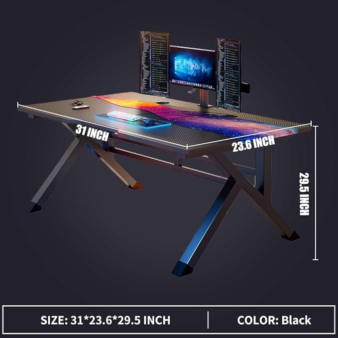 31 Inch Gaming Computer Desk - Sturdy Small Home Office Desk with Ergonomic Design - Easy Assembly - PC Laptop Desk with Black Carbon Fiber Desktop