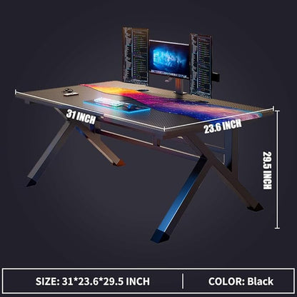 31 Inch Gaming Computer Desk - Sturdy Small Home Office Desk with Ergonomic Design - Easy Assembly - PC Laptop Desk with Black Carbon Fiber Desktop