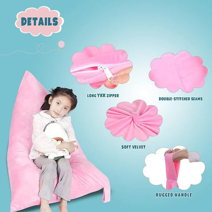 Stuffed Animal Storage Bean Bag Chair Cover, Velvet Pink Plush Toy Storage Stuff and Sit Seat Organizer for Kids/Teens/Adults, 52" x 31" Extra Large Triangle Floor Sofa, 200L/52Gal,Cover Only