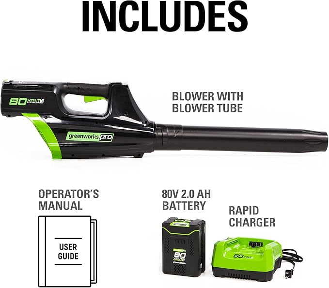 Greenworks 80V (125 MPH / 500 CFM / 75+ Compatible Tools) Cordless Axial Leaf Blower, 2.0Ah Battery and Charger Included