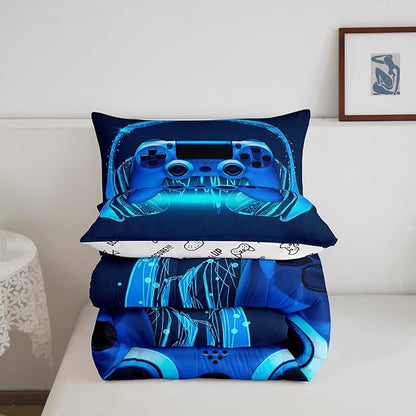 Gamer Comforter Set Full Size,Blue Headphones Musical Design Games Gamepad Bedding Set for Kids Boys Video Game Room Decor Retro Playing Gamer Down Comforter Gaming Controller Quilted Duvet Set
