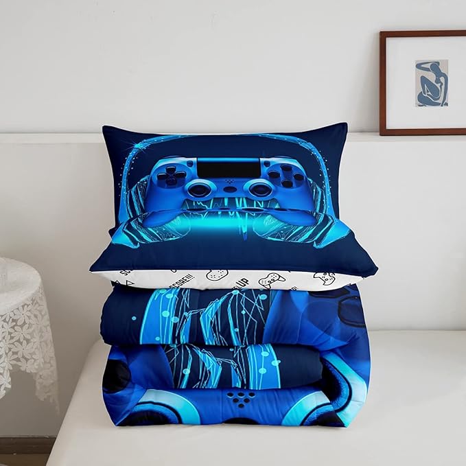 Gamer Comforter Set King Size,Blue Headphones Musical Design Games Gamepad Bedding Set for Kids Boys Video Game Room Decor Retro Playing Gamer Down Comforter Gaming Controller Quilted Duvet Set