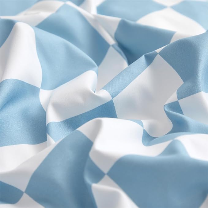 Blue White Grid Comforter Set Queen Blue Plaid Bedding Set Women Blue and White Checkered Bed Comforter Set Breathable Blanket Set Men Durable Bedding Comforter Set