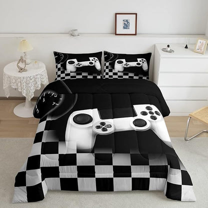 Erosebridal Gaming Alternative Bedding Set for Kids,White Gamepad Design Comforter Set Teenage Boys Room Decor,Buffalo Plaid Check Modern Down Comforter Lightweight Warm,Gamer Decor Duvet Insert Full