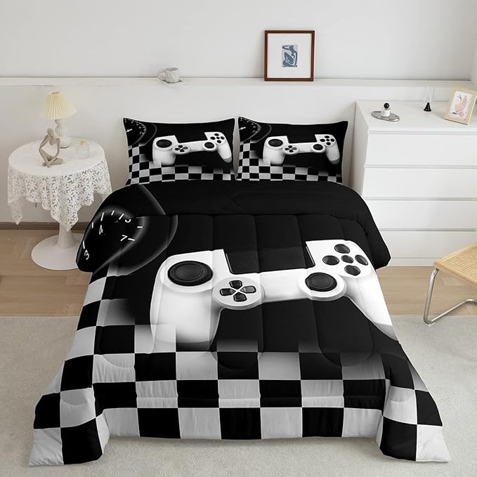 Erosebridal Gamer Comforter Set Twin,Gaming Bedding Set for Kids Teens Room Decor,Black and Grey Buffalo Plaid Reversible Bedding Set All Season Cozy,Novelty Gamepad Pattern Down Comforter 2pcs