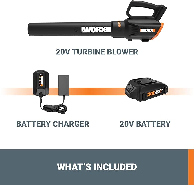 Worx 20V Cordless Leaf Blower WG547, Electric Blower, Powerful Turbine Fan Technology, 2-Speed Control, for One-Hand Operation, PowerShare – 1pc 2.0 Ah Battery and 1pc 0.4 A Charger Included