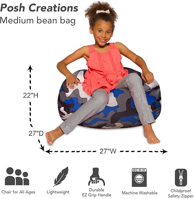 Posh Creations Bean Bag Chair for Kids, Teens, and Adults Includes Removable and Machine Washable Cover, Soft Nylon - Camo Blue and Brown, 27in - Medium