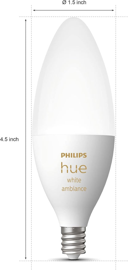 Philips Hue Smart 40W B39 Candle-Shaped LED Bulb - White Ambiance Warm-to-Cool White Light - 4 Pack - 450LM - E12 - Indoor - Control with Hue App - Works with Alexa Google Assistant and Apple Homekit