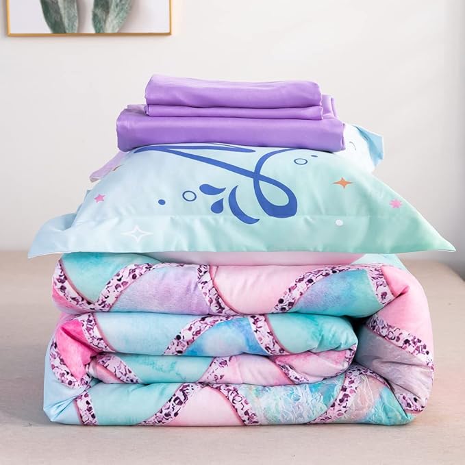 Wajade Kid Mermaid Scale Comforter Bedding Set Twin Size, Colorful Rainbow 3D Fish Scale 7 Pieces Soft Bedding Sets with Comforter, Sheet, Pillowcase and Sham for Girls