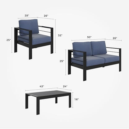 Solaste Outdoor Aluminum Furniture Set - 4 Pieces Patio Sectional Chat Sofa Conversation Set with Table,Black Frame and Blue Cushion
