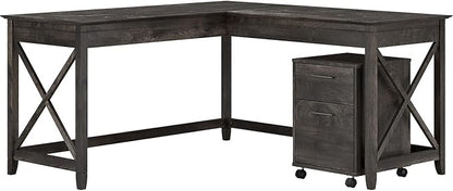 Bush Furniture Key West 60W L Shaped Desk with 2 Drawer Mobile File Cabinet in Dark Gray Hickory