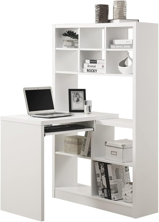 Monarch Specialties 7022, Home Office, Bookcase, Storage Shelves, Set-up, L Shape, Work, Laptop, Laminate, White Computer Desk Left Or Right Facing Corner, 35.5" L x 38" W x 60" H