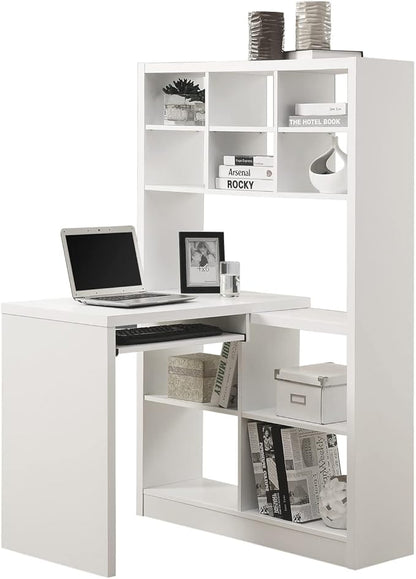 Monarch Specialties 7022, Home Office, Bookcase, Storage Shelves, Set-up, L Shape, Work, Laptop, Laminate, White Computer Desk Left Or Right Facing Corner, 35.5" L x 38" W x 60" H