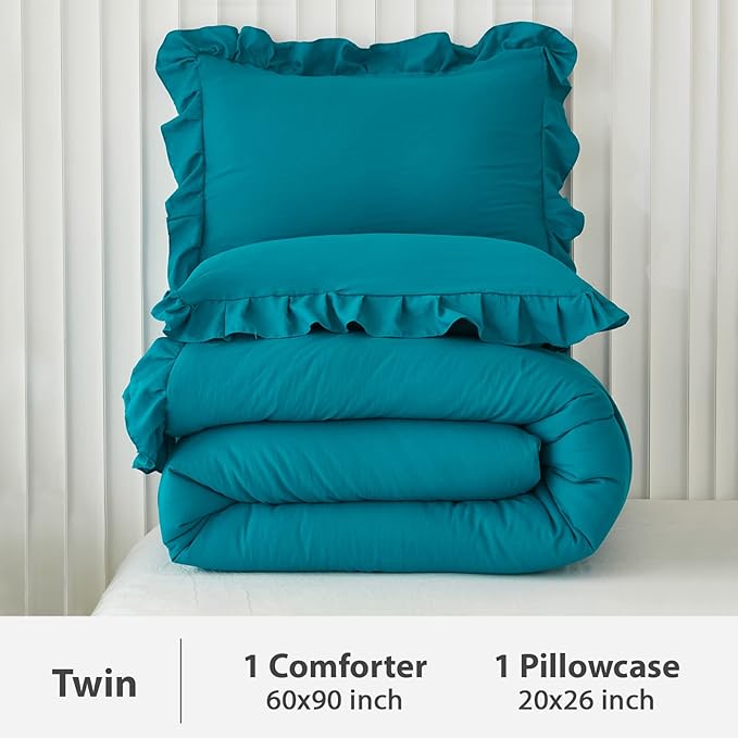 Andency Turquoise Comforter Set Twin Size, 2 Pieces Shabby Chic Ruffle Bed Comforter Set for Kids Boys Girls, All Season Soft Lightweight Solid Down Alternative Bedding Set