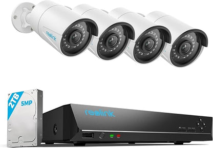 REOLINK 8CH 5MP Security Camera System, 4pcs Wired PoE Cameras for Home Security Outdoors, Smart Person/Pet/Vehicle Detection, 4K 8CH NVR with 2TB HDD for 24-7 Recording, RLK8-410B4-5MP White