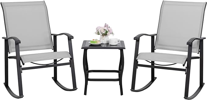 Shintenchi 3 Piece Rocking Bistro Set, Outdoor Furniture with Rocker Chairs and Glass coffee table set of 3, Balcony, Porch Furniture for Small Space, Light Gray