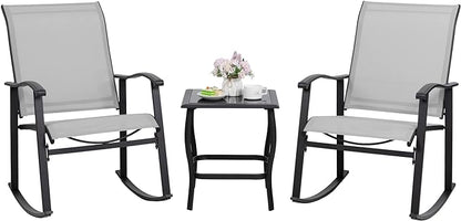 Shintenchi 3 Piece Rocking Bistro Set, Outdoor Furniture with Rocker Chairs and Glass coffee table set of 3, Balcony, Porch Furniture for Small Space, Light Gray